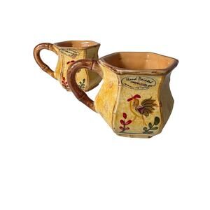 CASA VERO Yellow Red Rooster Cottage Farmhouse Hand Painted Coffee Mugs Set of 2